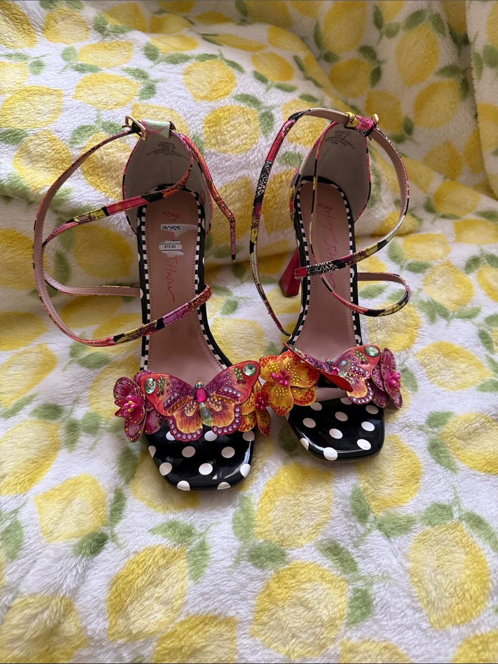 Betsey Johnson Pink & Multicolor Butterfly Embellished Ankle-Strap Heels
